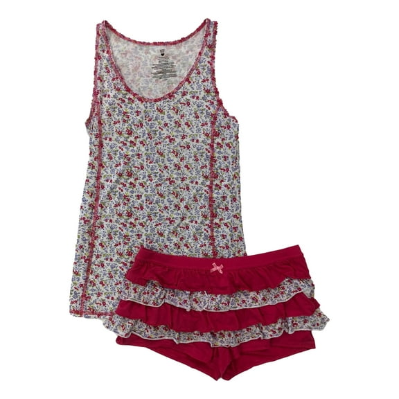 Valentines Womens Pink Floral Rhumba Shorts & Tank Pajama Set Ruffle Pajamas