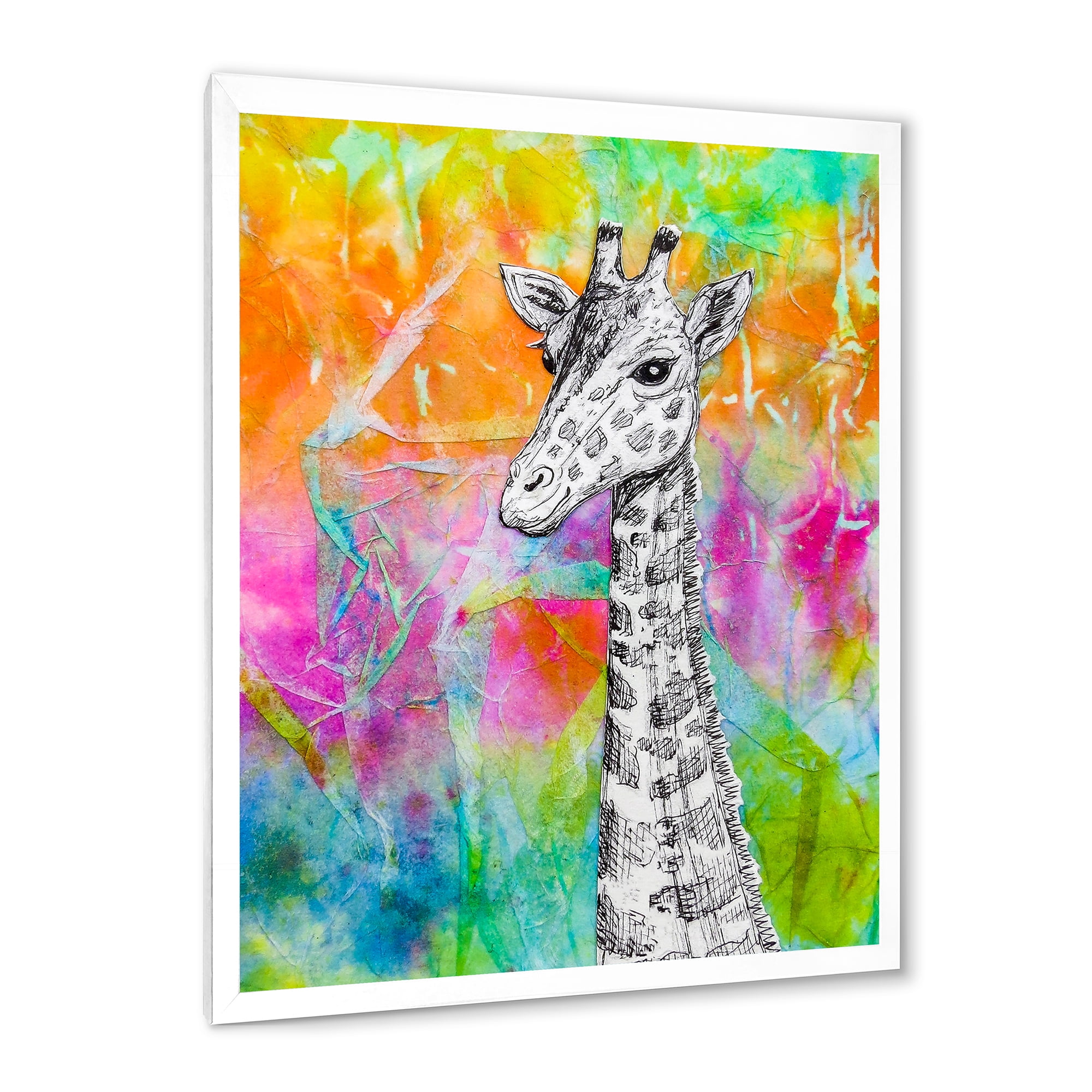 Designart 'Monochrome Giraffe Drawing On Bright Rainbow' Children's Art Framed Art Print