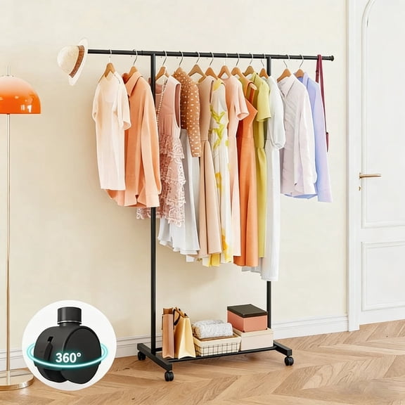 SUOERNUO Clothes Rack with Lockable Wheels Garment Rack for Hanging Clothes | Portable Metal Clothing Racks with Extendable Pole, Rolling Clothing Organizer for Bedroom Laundry Living Room Black