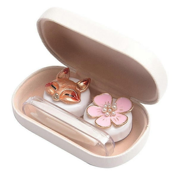 Cute Contact Lens Case Travel Kit Portable Contact Case Container With 2 Contact Lens Box, And Tweezers-White-Fox Style