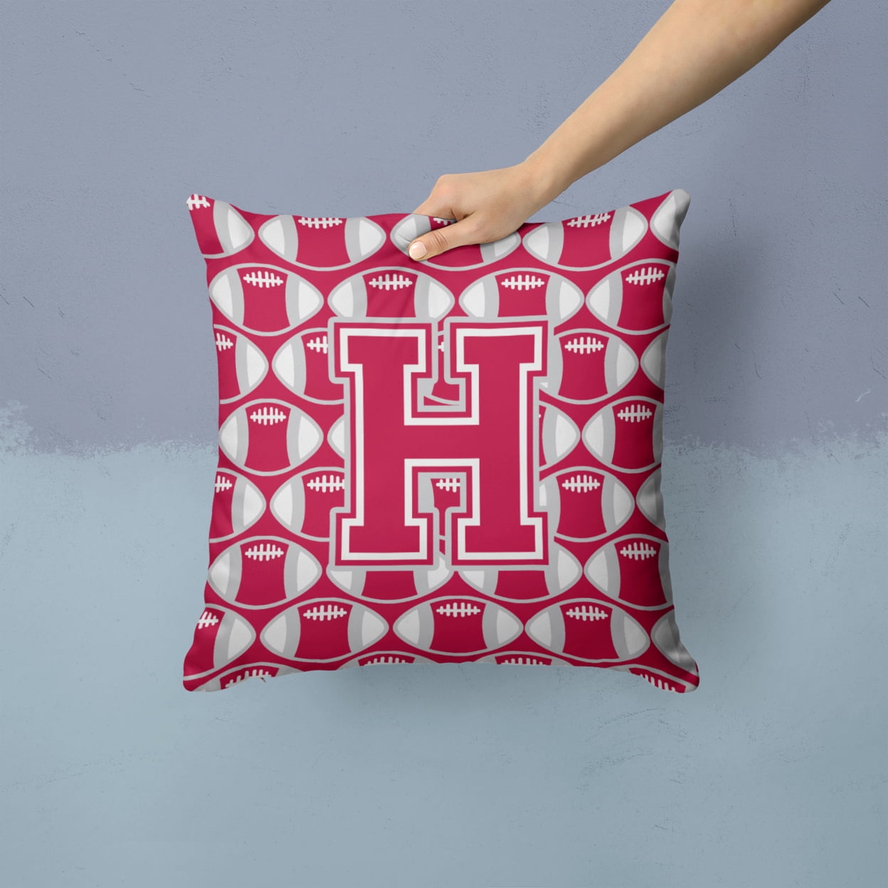 Letter H Football Crimson, grey and white Fabric Decorative Pillow