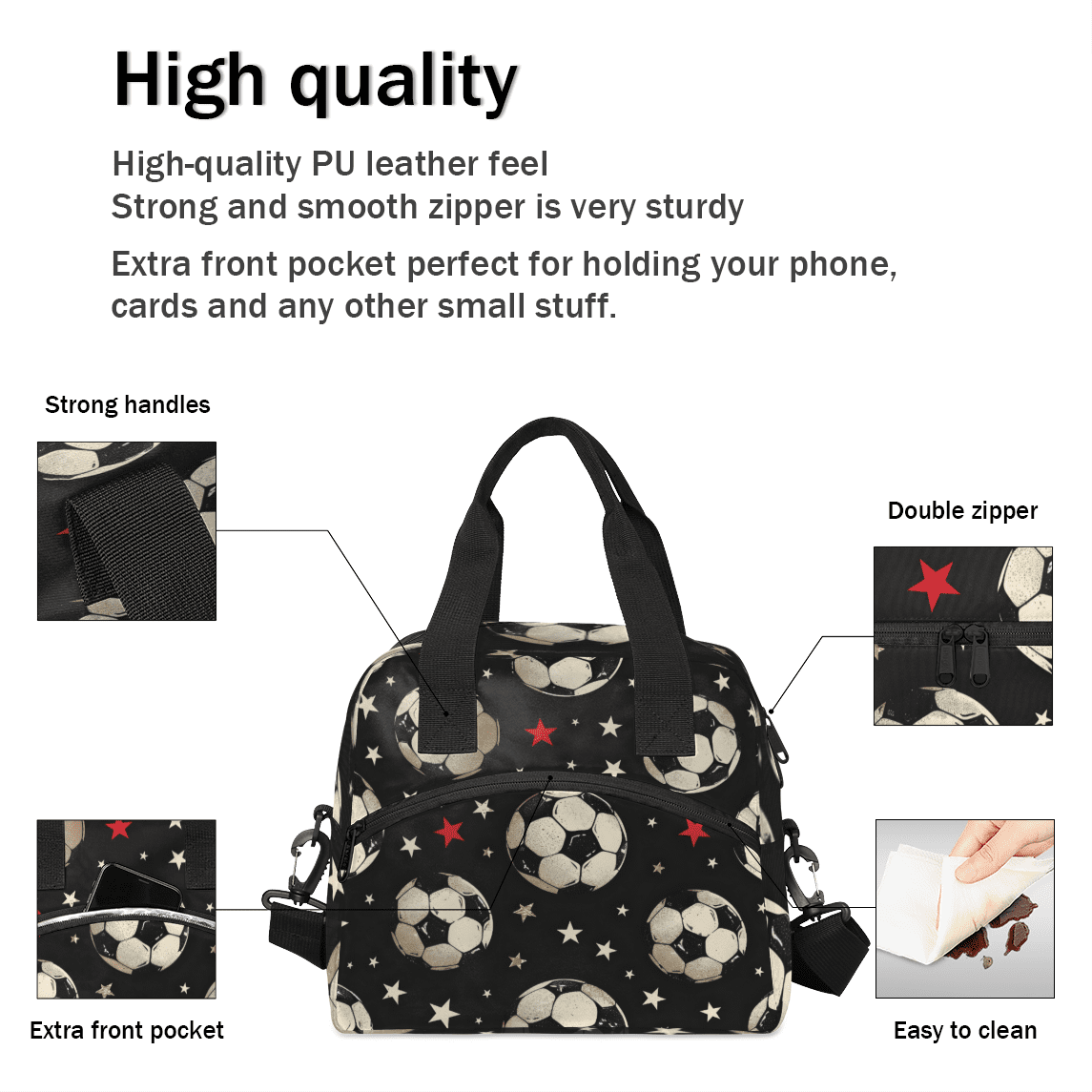 Herdesigns Soccer Insulated Lunch Bag for Women Men Adults Large Reusable Lunch Box Sports Leakproof Cooler Tote Bags with Adjustable Shoulder Strap
