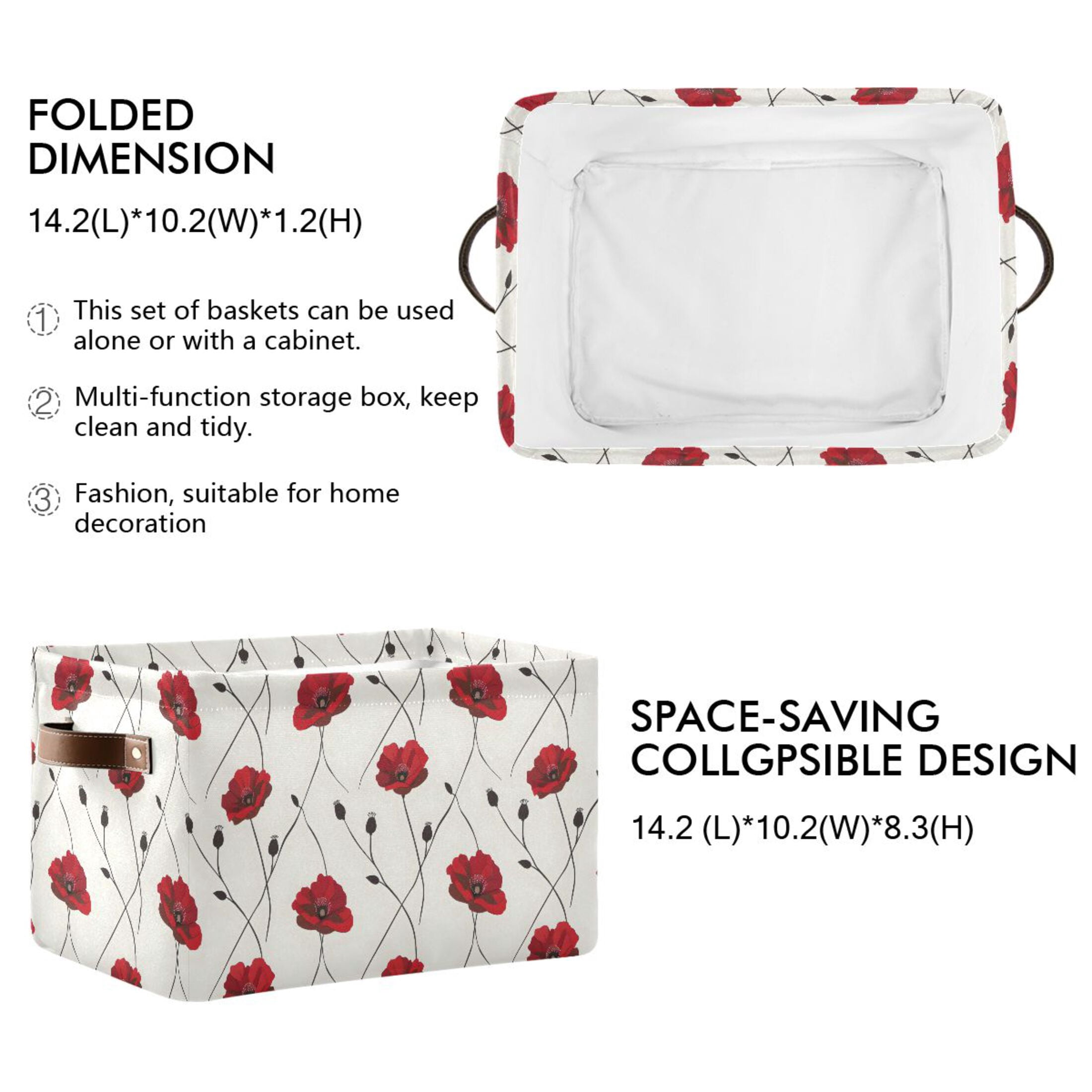 Poppies Flower Storage Bins with Handle Fabric Organizer Basket Foldable Box 2 Pack 14.2x10.2x8.3