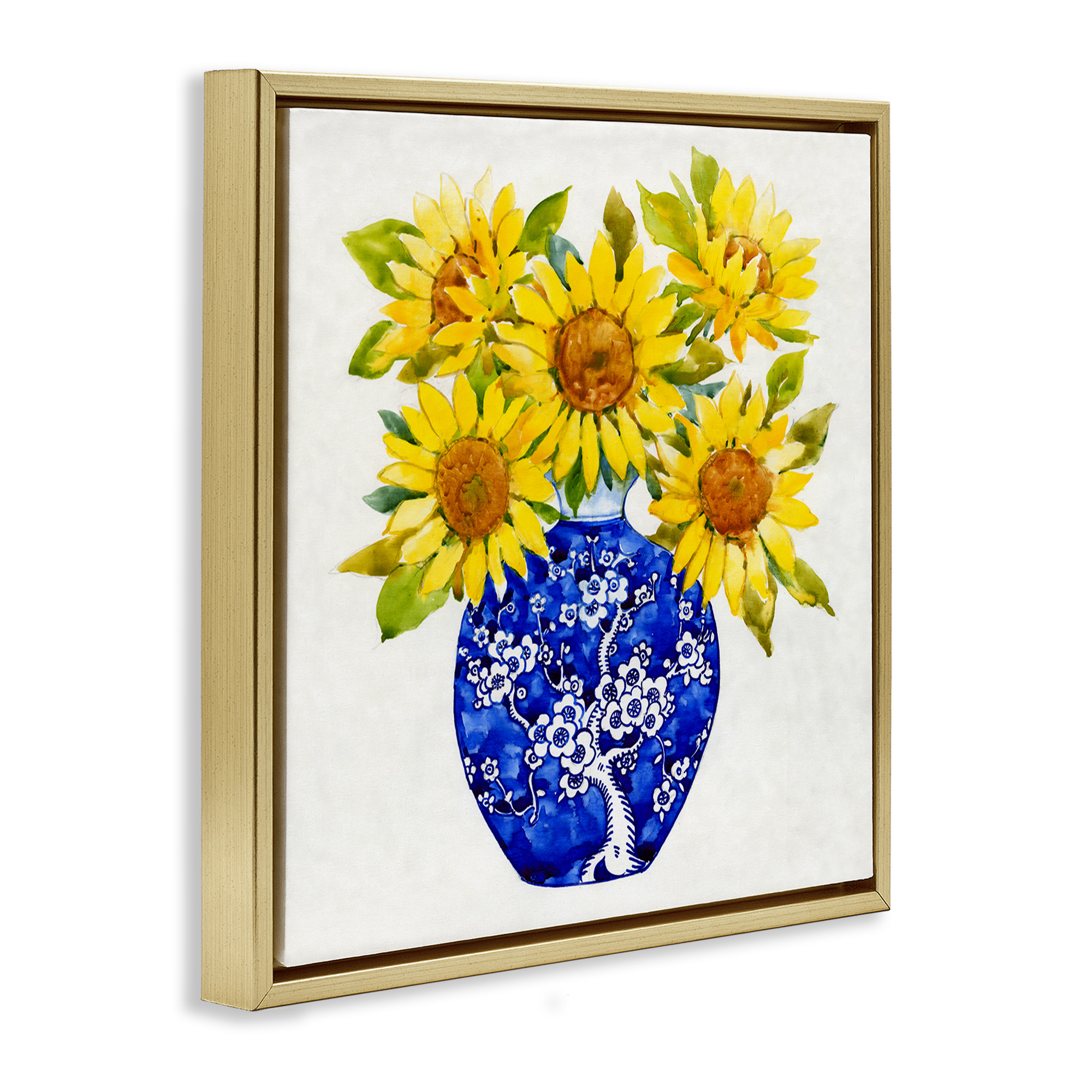 Stupell Industries Watercolor Sunflower Bouquet Botanical & Floral Painting Gold Floater Framed Canvas Art Print Wall Art, 18 x 18
