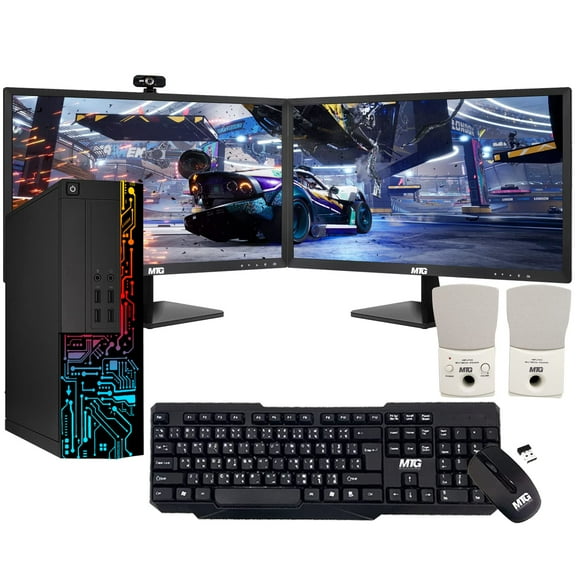 Restored Computer Desktop PC,Intel Core i5,Siwa 8,8GB RAM,128GB SSD Boot 500 GB HDD,Dual 27 Inch Monitor,MTG Wireless Keyboard Mouse,MTG Speaker with Webcam,WiFi,Win 11 Home