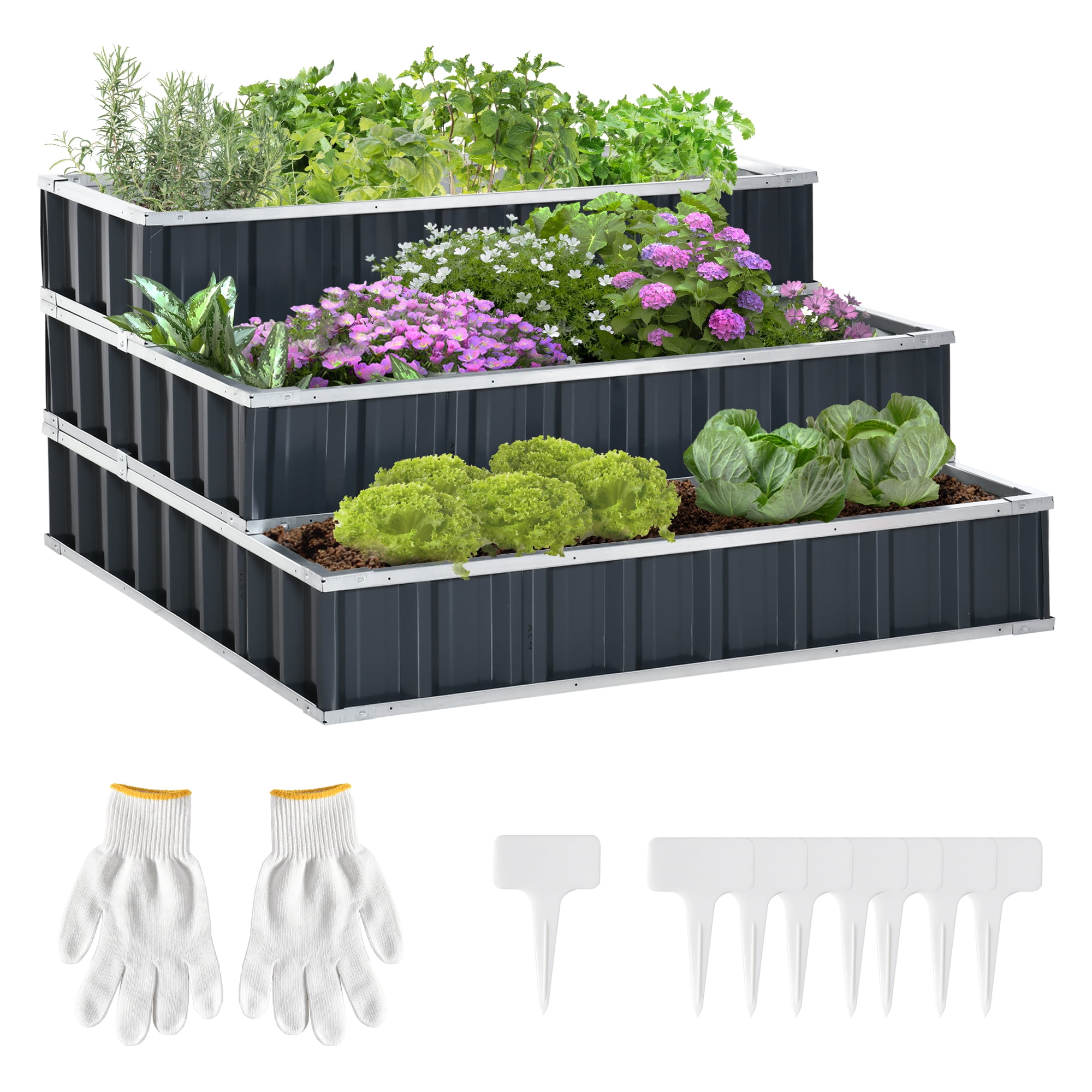 vidaXL Raised Garden Bed with 4 Removable Plastic Inner pots 31.1 x 8.7 x 29.9 Planting Flowers Vegetables and Herbs Elevated Planter Box for Backyard and Patio 