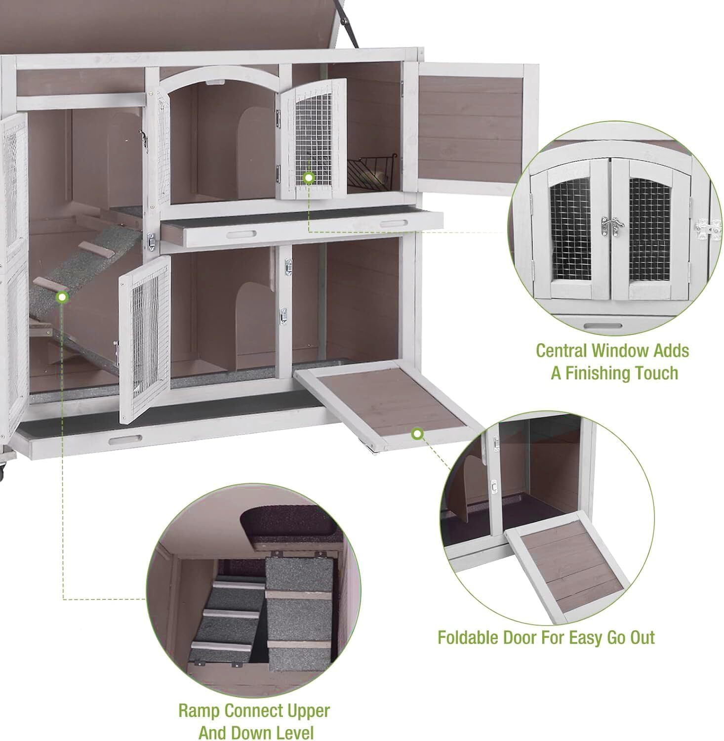 Aivituvin 2-Tier Indoor Rabbit Hutch Bunny House Guinea Pig Cage with Sliding Plastic Trays, Wheels & Ramp, 47.2" Multi-Door Wooden Small Animal Cage for Rabbits, Bunnies, and Guinea Pigs (Brown)