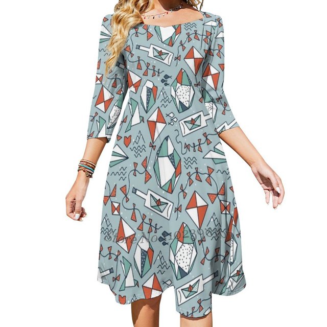 Robe à Encolure Carrée Désir Adventif Robe d'Été Douce Femme Élégante Robe à Imprimé Dos Nu Polygonal Vector Origami