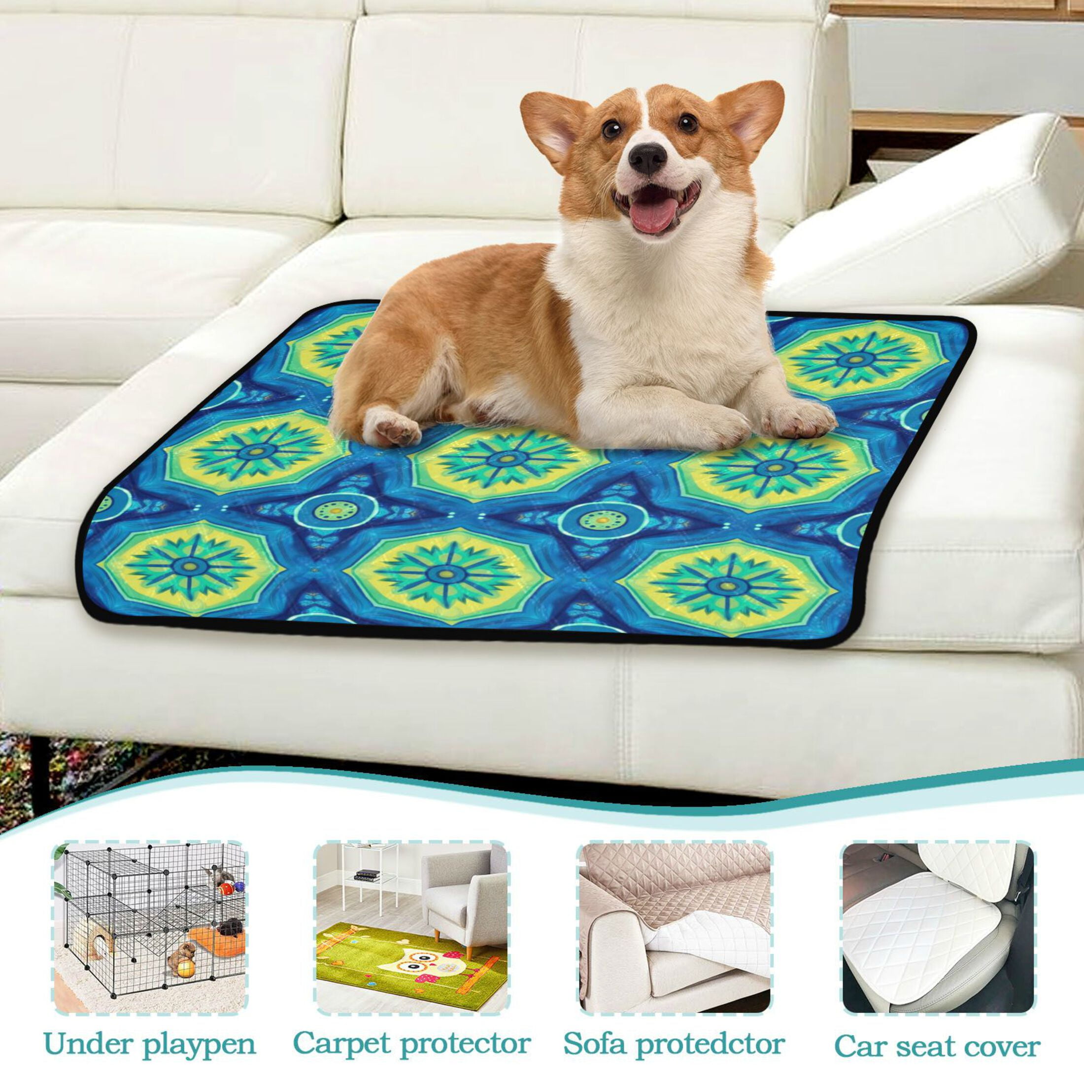 Qxltty Blue Tribal Style Pattern Cat litter Pads Pet Set of 3 Diaper Mats Center Anti-leakage Layer Absorbent Soft and Comfortable
