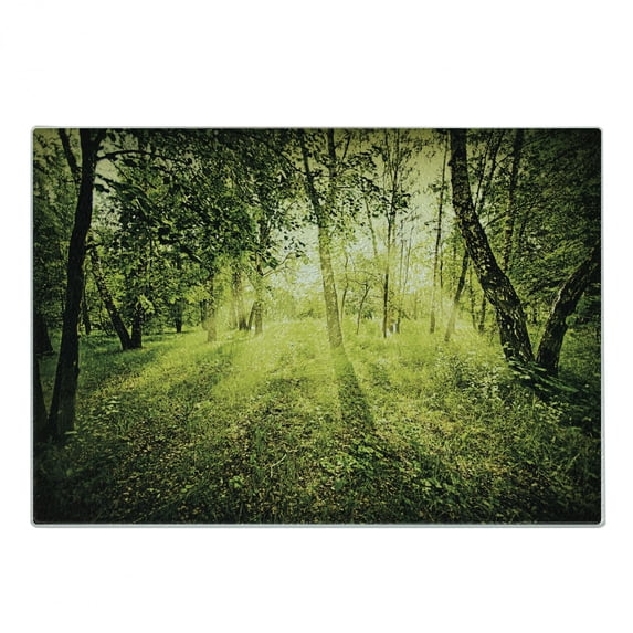 Magic Cutting Board, Freshening Morning in Nature Summer Season Sunset Environment Wilderness Mist Theme, Decorative Tempered Glass Cutting and Serving Board, Small Size, Green, by Ambesonne
