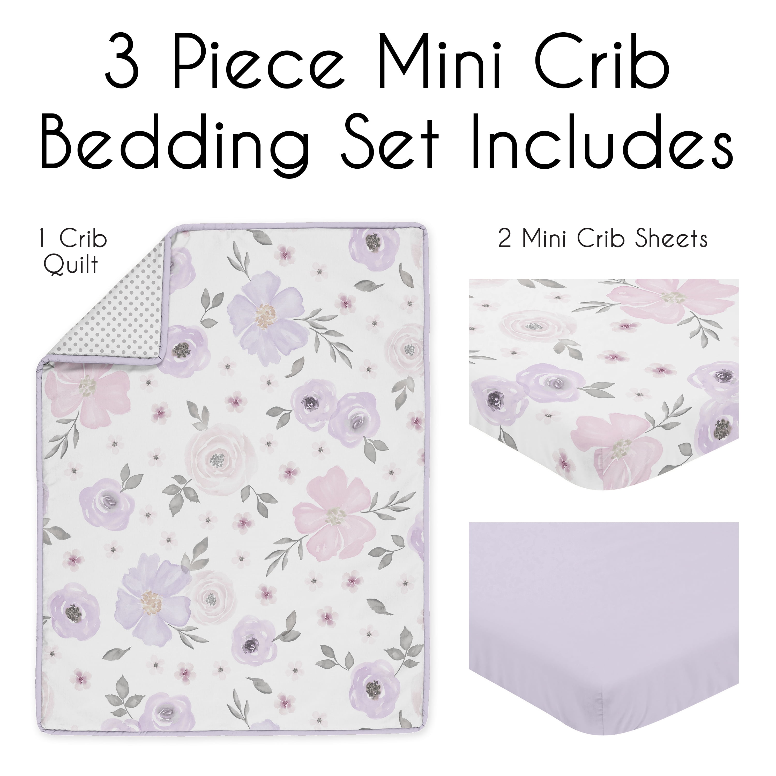 Sweet Jojo Designs Watercolor Floral Purple Pink and Grey 3 Piece Mini Crib Bedding Set