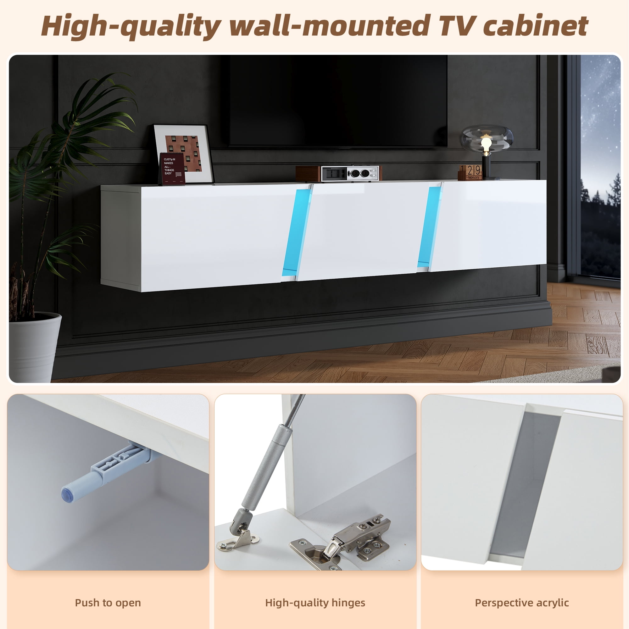 Noble House 64.9" Wall-Mounted Lowboard TV Cabinet,LED Lights with 3 Cabinet Doors for 65" TV,White