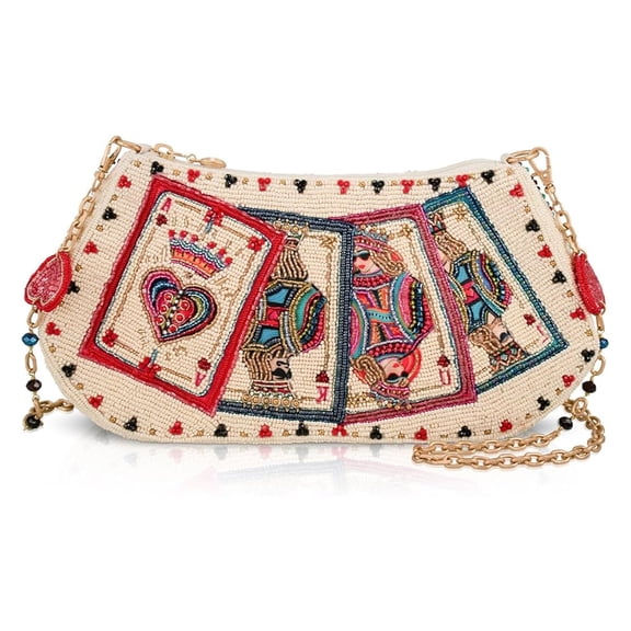 Mary Frances Shuffle Cards Crossbody Handbag Beaded Zip Bag Red Beige Purse NEW
