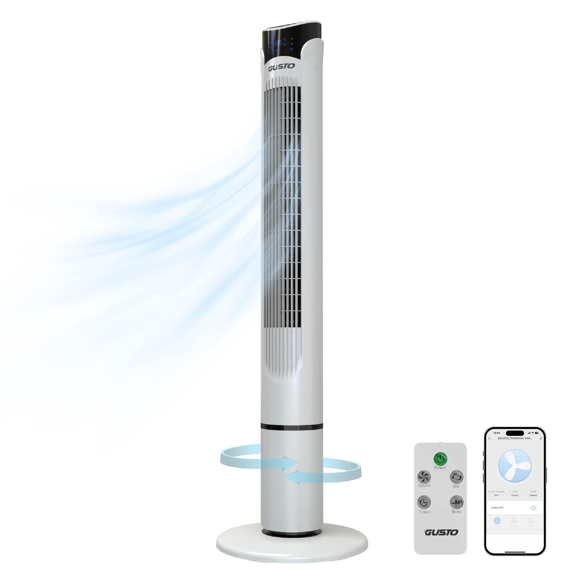 Tzumi 40" Smart Tower Fan, Bladeless Oscillating Standing Floor Fan with Remote, LED Display, and WiFi Function, White