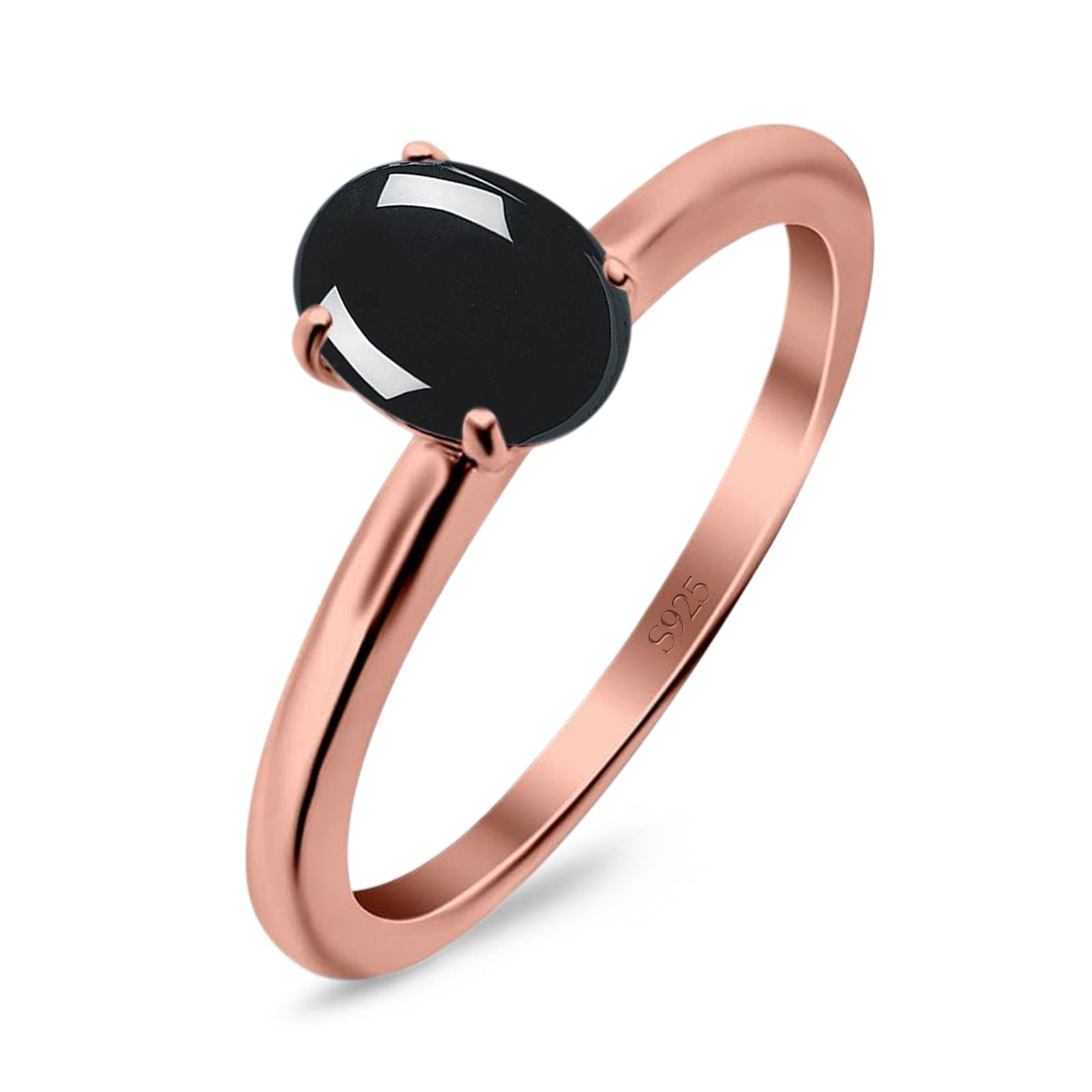 Natural Black Onyx Rose Tone Silver Size-6 Minimalist Oval Cathedral Solitaire Ring Wedding Engagement Rings For Women 925 Sterling Silver Gifts For Her