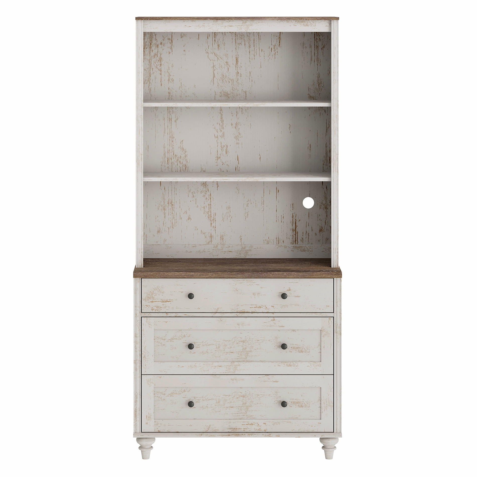 Farmhouse 5 Tier Bookcase With 3 Drawers, Rustic White, 33.9" W