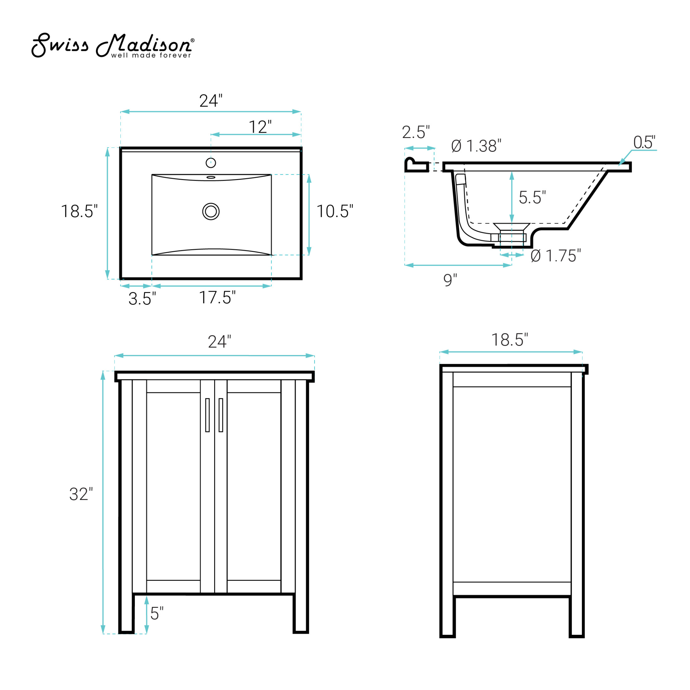 Avallon 24" Freestanding Bathroom Vanity in Black with Sink Top