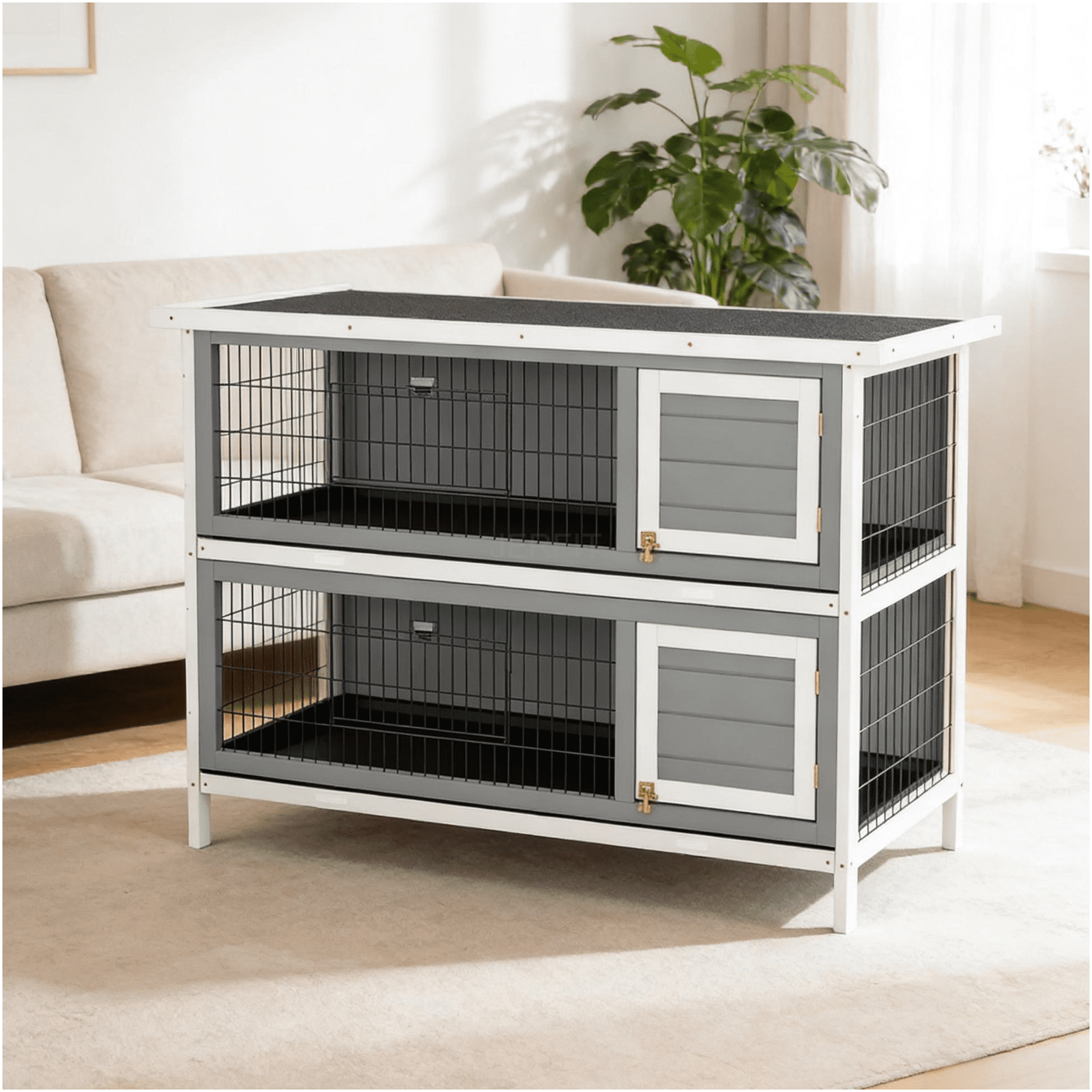 JERFIT 2-Story Rabbit Hutch with Asphalt Roof, Wood & Metal Wire Outdoor Bunny Cage for Small Animals, Dark Grey