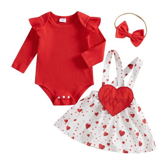 Okbabeha Toddler Baby Girls Valentines Day 3PCS Outfits Suspender Skirt Heart Print Romper Headband Sets