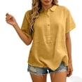 thumbnail image 4 of Womens Short Sleeve Shirts Casual Cotton Linen Button Down Shirts Summer Crewneck Cute Crop Beach Blouse Tops, 4 of 8