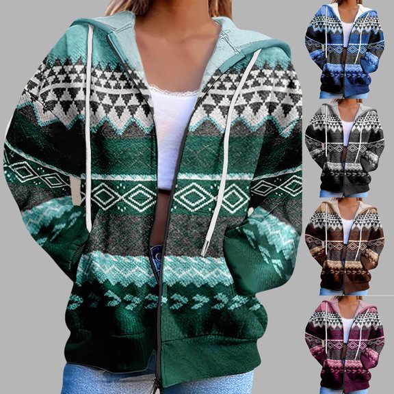 Women's Zip Up Hooded Jacket V Neck Fashion Printed Casual Hooded Zip Up Jacket with Pockets Loose Casual Fall Fashion Sweatshirt Outerwear