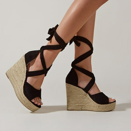 

YanHoo Clearance Lace Up Wedges Sandals for Womens Open Toe Espadrilles Dressy Platform Sandals Slip on Ankle Strap Shoes