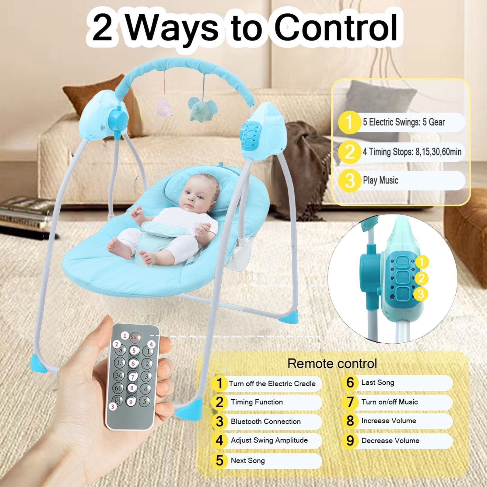 ANJORALA Baby Swings for Infants Toddler, Portable Newborn Swing Bouncer, Bluetooth(Blue)