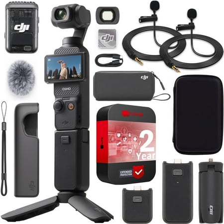 DJI Osmo Pocket 3 Creator Combo Vlogging Camera with 1'' CMOS, 4K/120fps Video, 3-Axis Stabilization, Face/Object Tracking, Fast Focus, Mic 2 Included Bundle with Deco Gear Case &2 Lapel Microphones