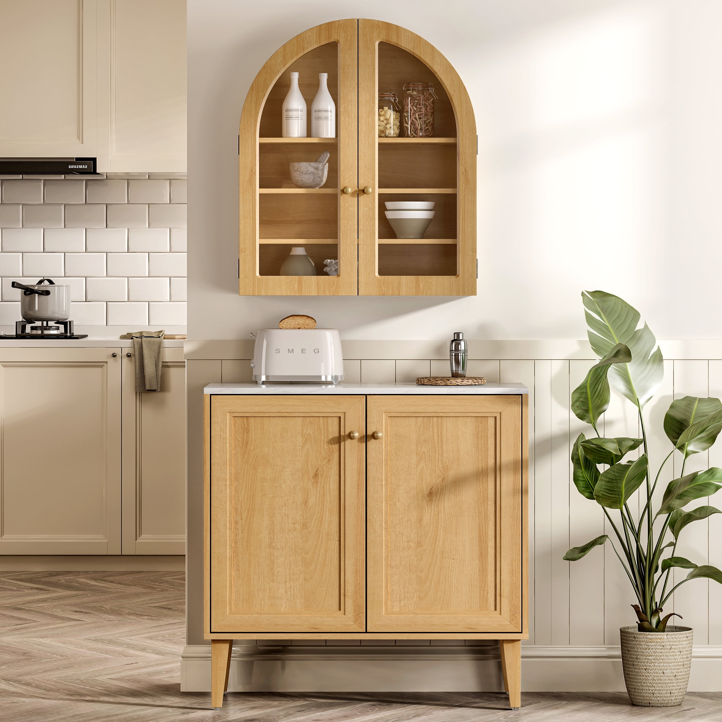 EYYTHUNG Large Arched Wall Cabinet, Bathroom Medicine Cabinet Cupboard with Adjustable Shelf, Natural Oak