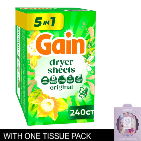 Gain Dryer Sheets, Anti-Static   Fresh, Original Scent, 240 Loads  with tissue pack