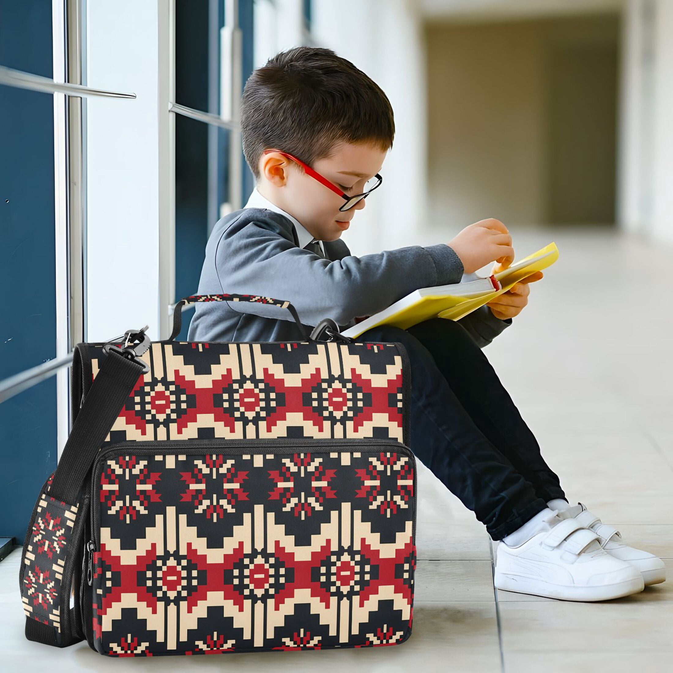 3 Ring Zipper Binder with Shoulder Strap Waterproof Trapper Keeper 1.5 Inch D-Ring 500 Sheets Capacity Geometric Pixel Print