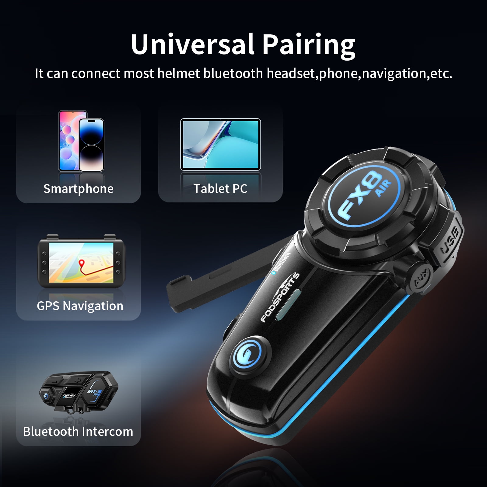 Fodsports Motorcycle Bluetooth Headset Helmet Intercom 2-way 1200M Interphone black
