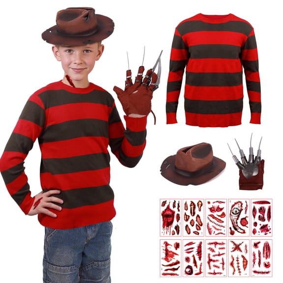 BUXULYP Halloween Horror Killer Costume Kids Red Striped Sweater Hat Glove Claws Cosplay Outfits for Boys Girls