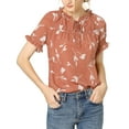 thumbnail image 6 of MODA NOVA Junior's Floral Tie Neck Ruffle Short Sleeves Blouse Top Coral M, 6 of 6
