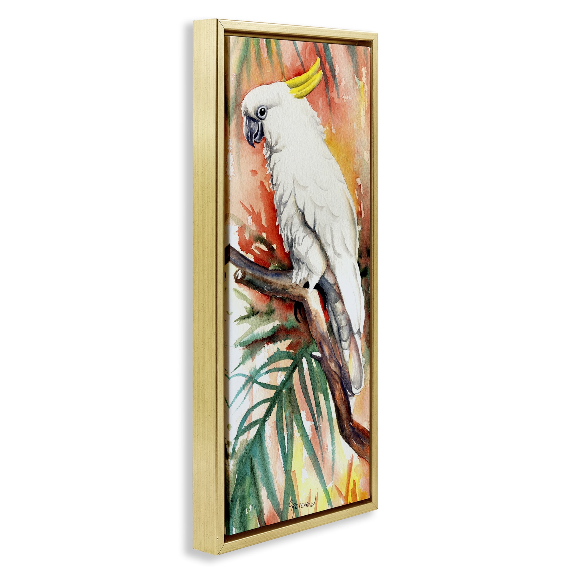 Stupell Industries Sulfer Crested Cockatoo Animals & Insects Painting Gold Floater Framed Canvas Art Print Wall Art, 11 x 25