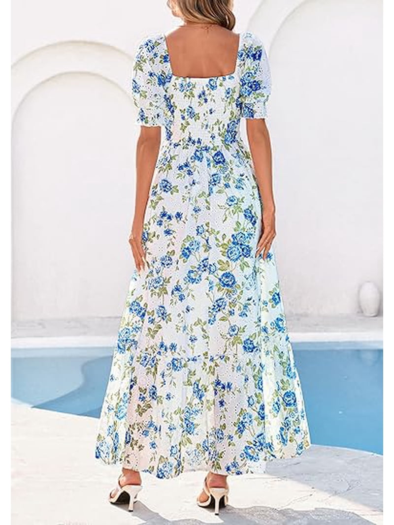 Prettygarden Women's Floral Boho Maxi Dresses Flowy Short Sleeve A Line Smocked Eyelet Summer Beach Vacation Clothes, Size: XL, Blue
