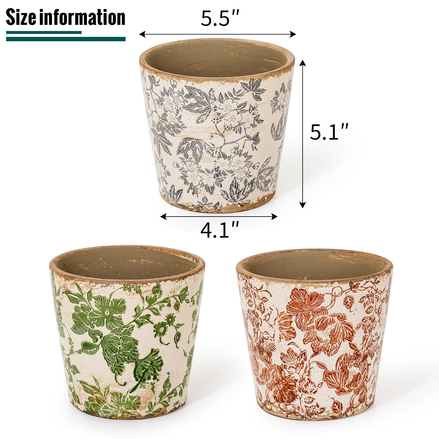 Sungmor Vintage Ceramic Plant Pots, Set of 3 Pretty Ice Cracked Glaze Ceramic Flower Pots, 5.5in. Herb Planters with Drainage Hole, Tuscan Planters for Indoor Outdoor Plants, Home Garden Decor Pot