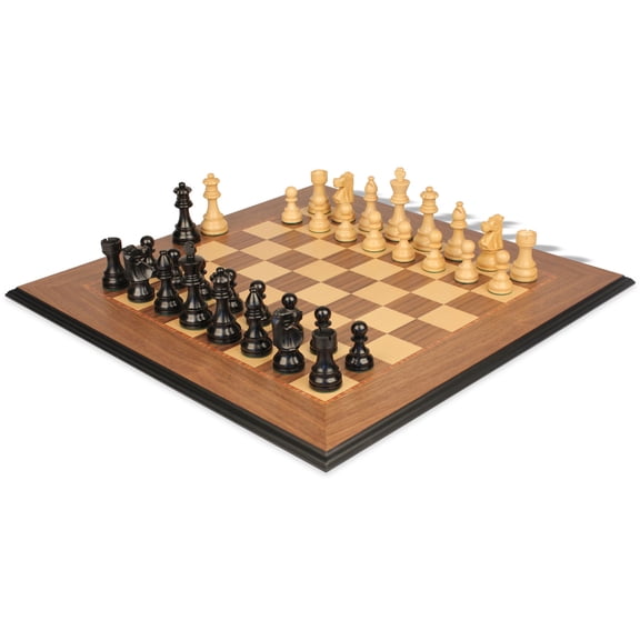 French Lardy Staunton Chess Set Ebonized & Boxwood Pieces with Walnut & Maple Molded Edge Board - 3.75" King