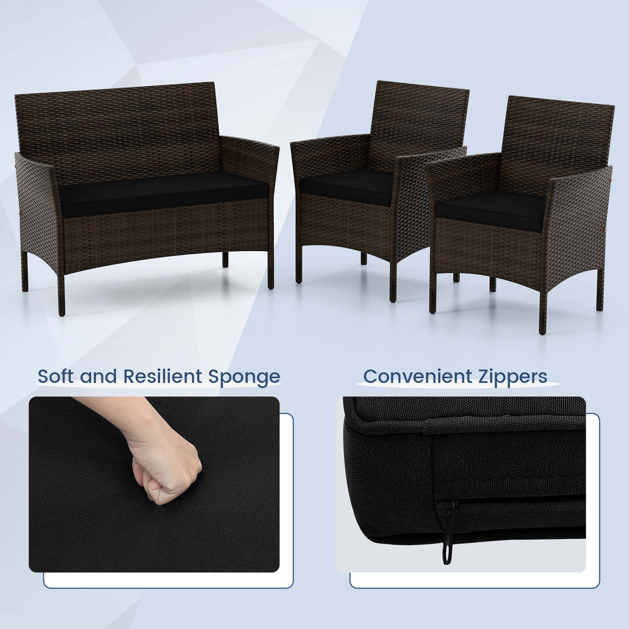 Costway 8 PCS Patio Furniture Set with Washable Cushions and Tempered Glass Coffee Table Black