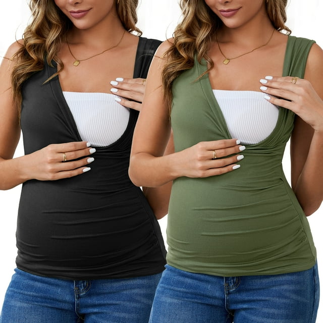 Camiseta básica sin mangas de maternidad con fruncido cruzado para mujeres, paquete de 2, tops de lactancia en negro y verde, tamaño mediano