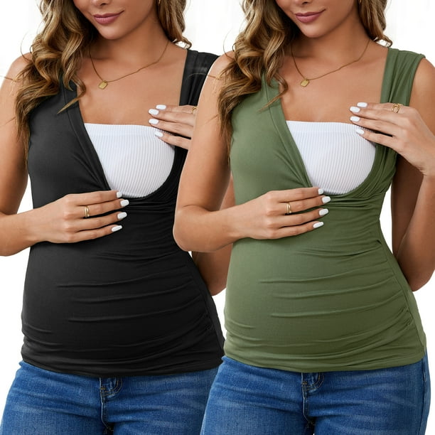 Camisetas sin mangas básicas de maternidad con fruncido cruzado para mujeres, 2 paquetes, Día de las Madres, grandes, negro y verde
