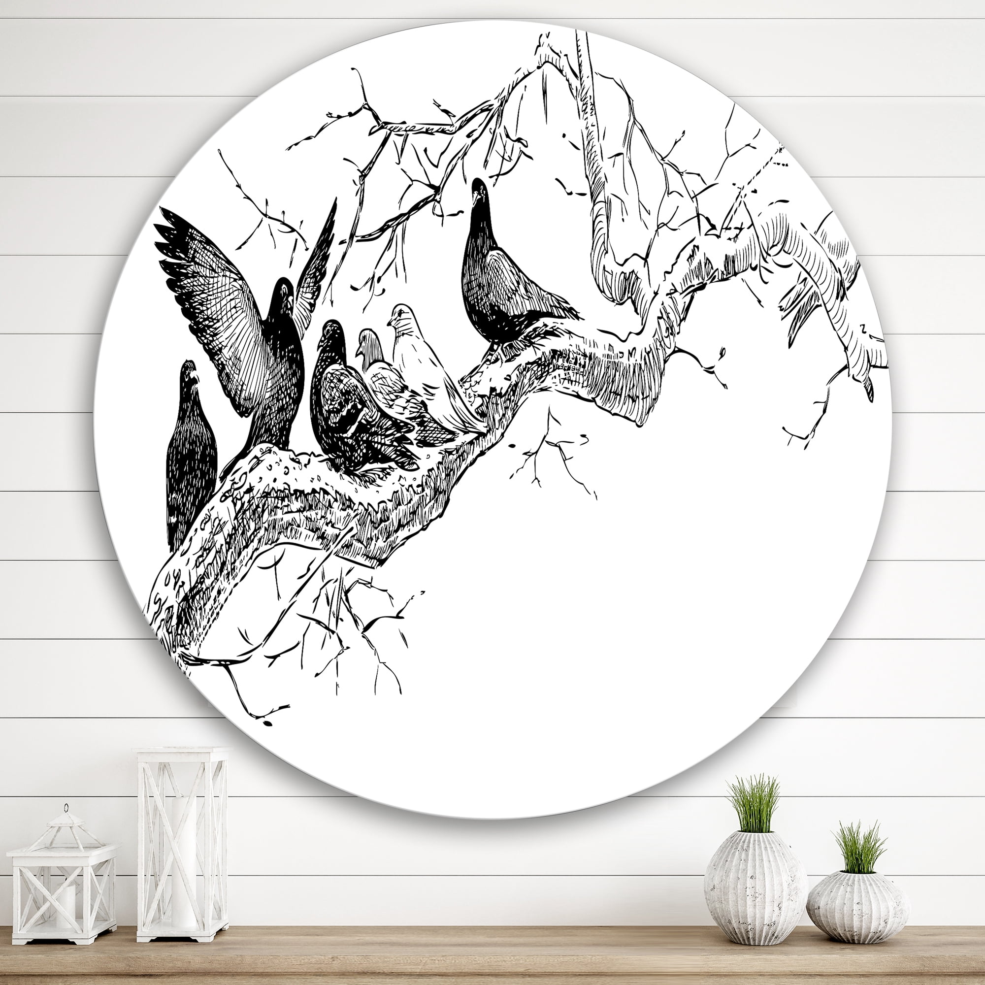 Designart 'Pigeons Sitting On The Tree Branch' Traditional Circle Metal Wall Art 36x36 - Disc of 36