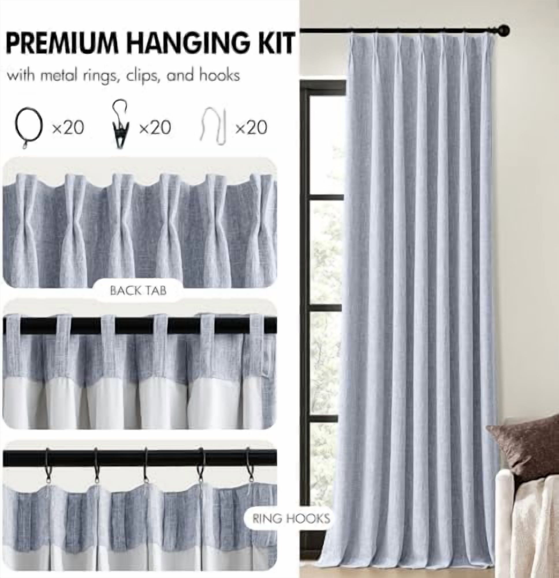 Chambray Blue Pinch Pleated 100% Blackout Linen Curtains for Bedroom, Room Darkening Memory Trained Light Blocking Window Curtain 84 inches Long for Living Room, Black Out Pleat Drape, 2 Panels