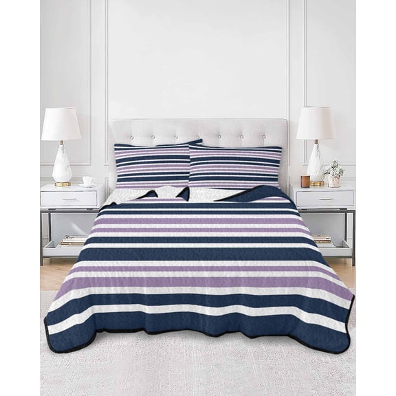 Quilts Twin XL Size, Navy Blue Purple Striped Soft Comforter Bedding Set for Bed, Gradient Horizontal Lines Lightweight Quilted Bedspread with Pillow Cover(2 Pieces) for All Season, 68x98 Inch