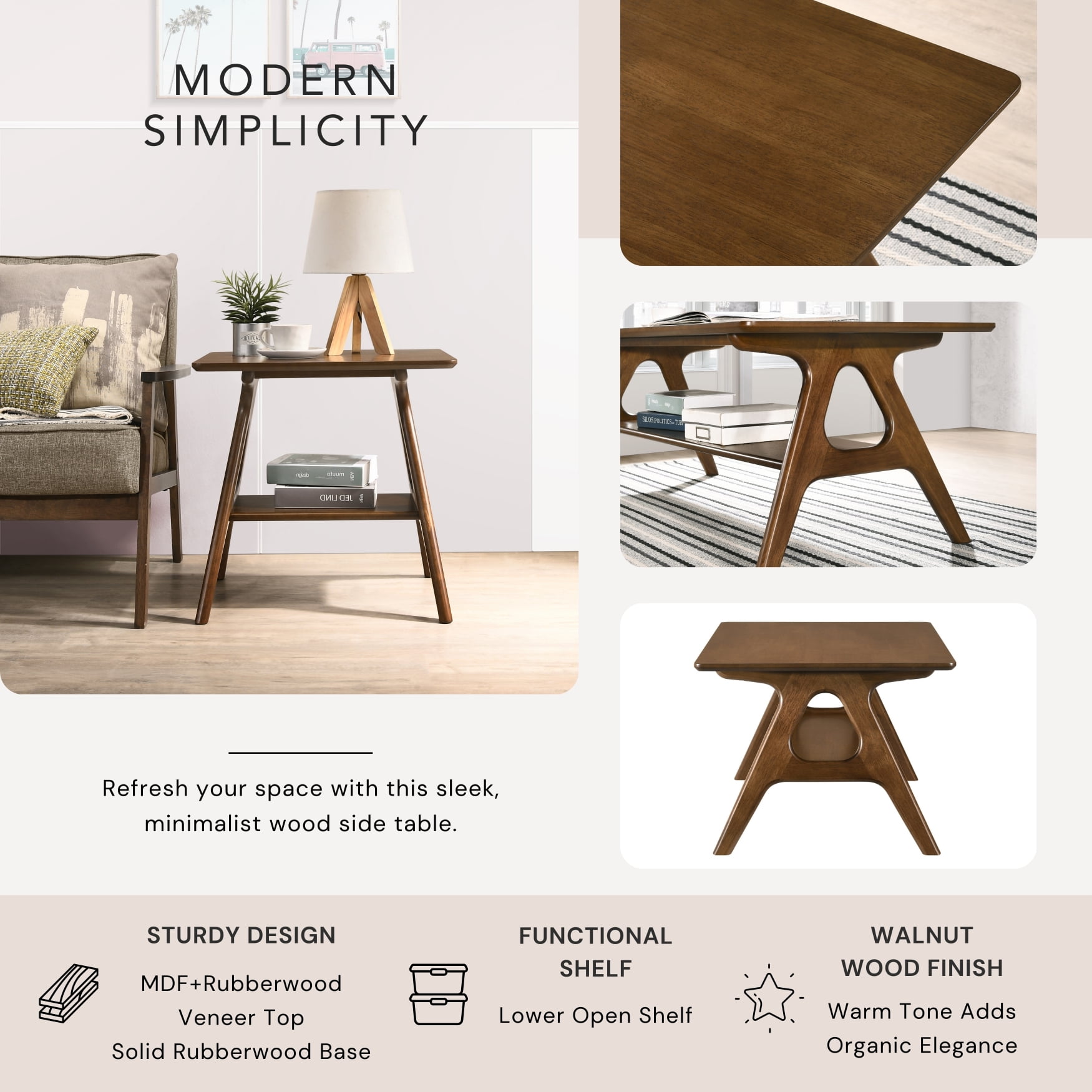 Roundhill Furniture Arona 3-Piece Coffee Table Set, Coffee Table and Two End Tables, Walnut Finish
