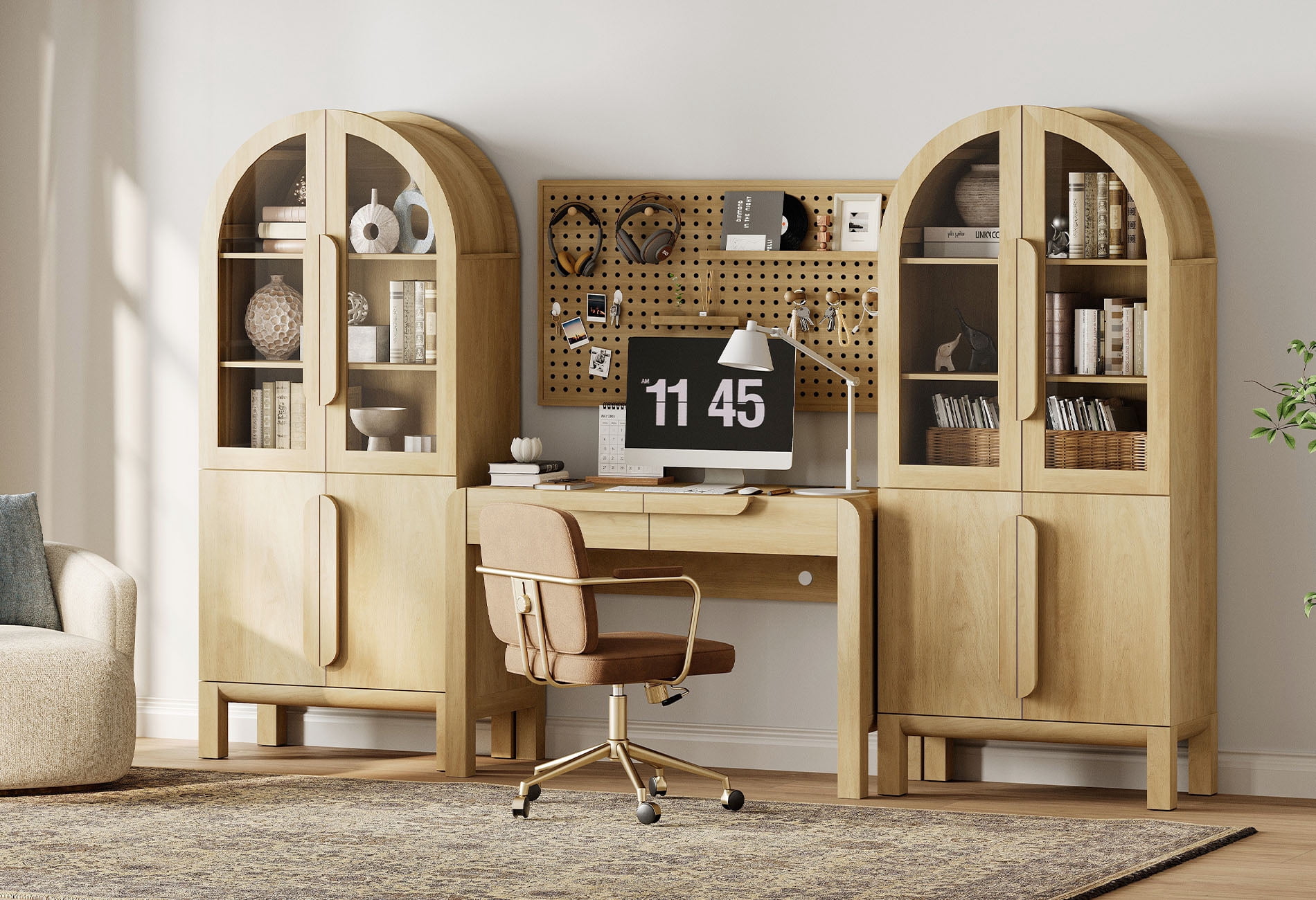 Home Office Set, 47" Modern Executive Desk with Charging Station and Drawers & 2 Piece 71"H Tall 5-Tier Arched Bookcases with Glass Door for Living Room, Bedroom, Home Office