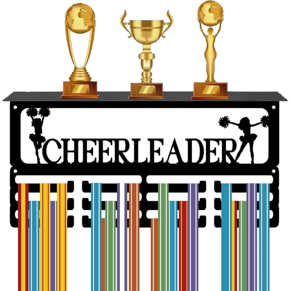 Cheerleader Medal Holder Cheerleading Medal Hanger Trophy Shelf Display with 12 Hooks Sports Medal Rack with Shelf for Wall Mount Stand Hold 60  Medals Awards Ribbons Running 15.7x8x4Inch Black