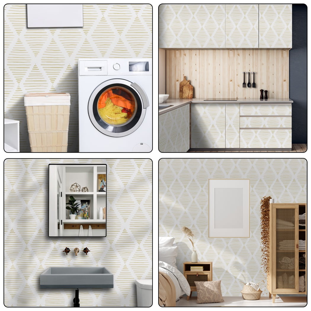 Arthome Geometric Peel and Stick Wallpaper 17''x120'' Stripe Contact Paper White and Beige Self Adhesive Removable Decorative Wall Paper for Bedroom Drawers Cabinets