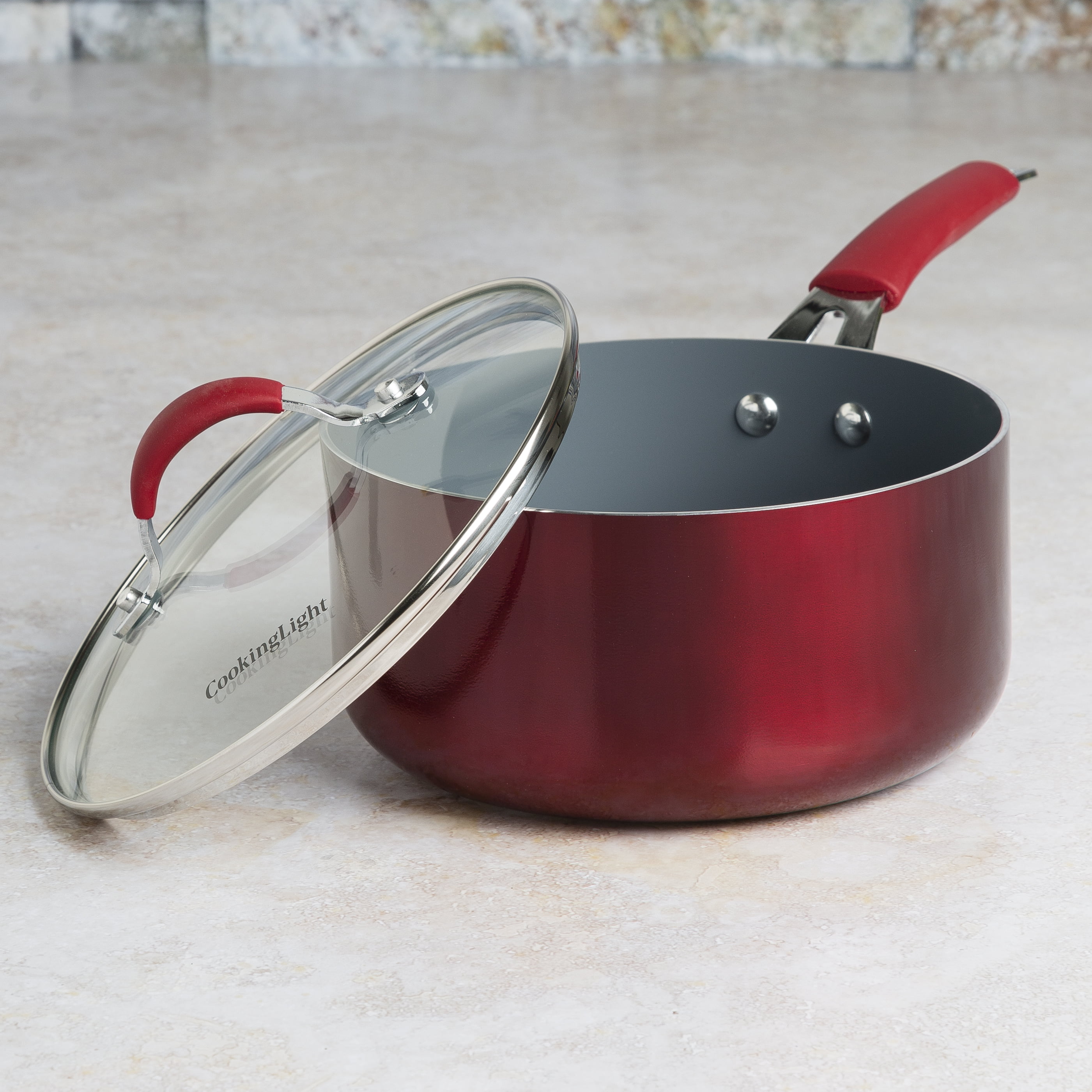 Cooking Light Allure 3 Quart Non-Stick Ceramic Saucepan with Lid, Red 