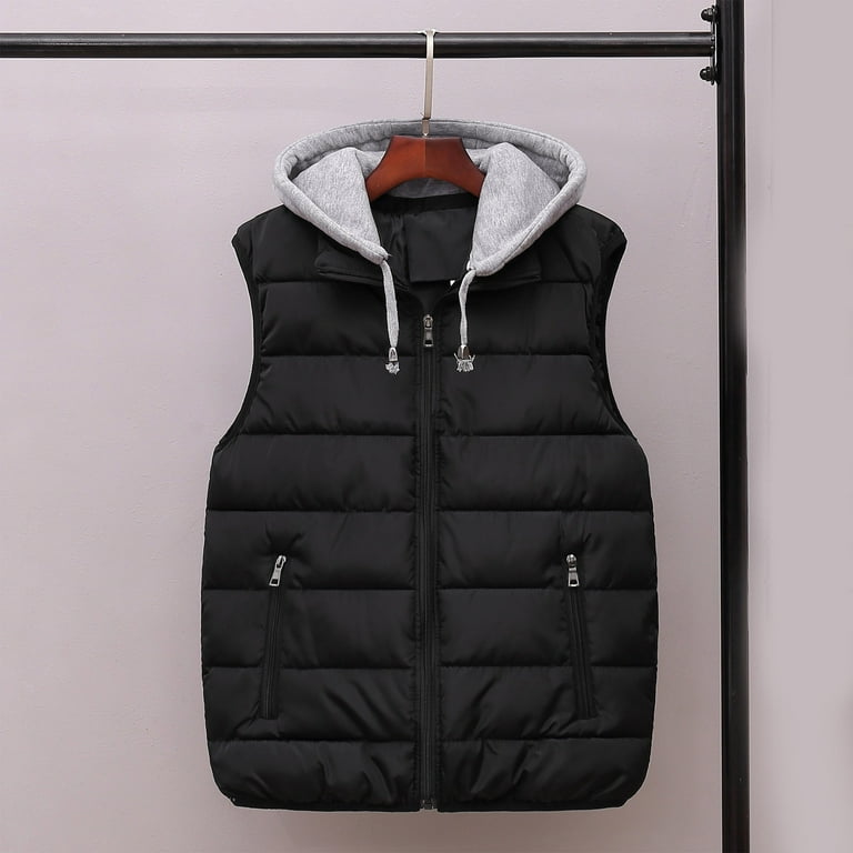 Black Mens Autumn And Winter Fashion Casual Zipper Pocket Hooded Sleeveless  Cotton Padded Jacket Vest Top 